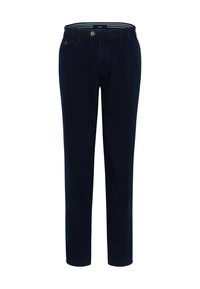 Dunkelblaue Jeans mit geradem Beinansatz, ausgestattet mit einem klassischen Knopfverschluss, Fronttaschen und einem gestreiften Bund.