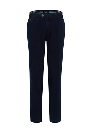 Pantaloni in denim scuro con design a gamba dritta, dotati di chiusura a bottone classica, tasche frontali e una cintura a righe.