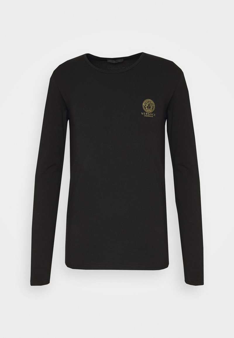 Black long-sleeve shirt made of smooth cotton. Features a round neckline and a gold logo print on the left chest. Simple design.