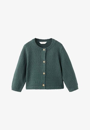 Green knitted wool cardigan with round neck, long sleeves, and four wooden buttons down the front.