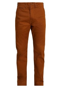 Brązowe bawełniane spodnie o slim fit, z zapięciem na guzik z przodu, kieszeniami po bokach i subtelnym połyskiem tkaniny.