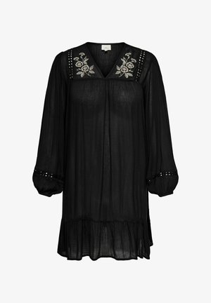 Mustast voolavast kangast kleit, millel on pikad varrukad, V-kaelus, tikandiga lillemotiivid peal, ning volditud alläär; kangas on tekstuuriga.