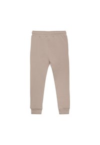 Beige sweatpants i mjukt tyg, med elastisk midja och smalnande muddar. Slät yta och enkel design utan mönster.