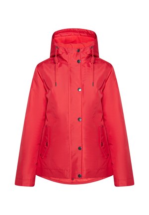 Jachetă roșie căptușită, cu glugă, butoane frontale cu capse, șnururi ajustabile și două buzunare laterale. Textură netedă și detalii vizibile de cusătură.