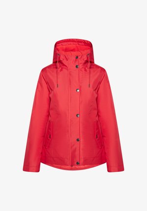 Punainen pehmustettu takki, jossa on huppu, etupainonapit, säädettävät nyörit ja kaksi sivutaskua. Sileä pinta ja näkyvät ompeluominaisuudet.