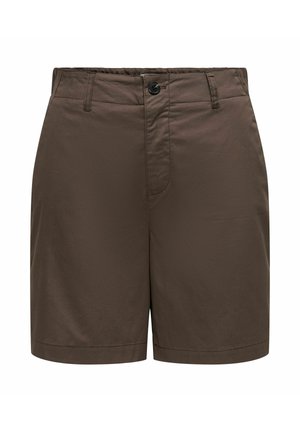 Brune skræddersyede shorts med knap- og lynlåslukning, bæltestropper og en lige kant.