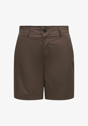 Brune skræddersyede shorts med knap- og lynlåslukning, bæltestropper og en lige kant.