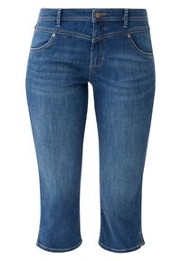 Dunkelblaue Denim-Caprihosen mit taillierter Passform, fünf Taschen und einer gekürzten Länge mit einem leicht gesäumten Detail an den Bündchen.