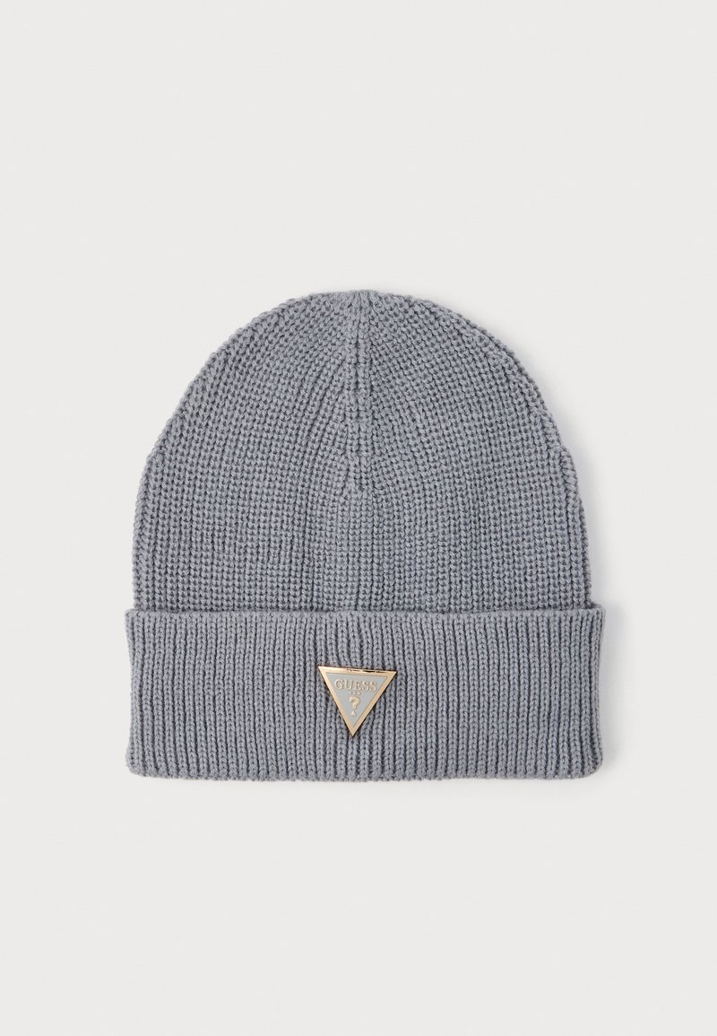 Caciula tricotată gri cu margine pliată, având un patch triunghiular auriu pe față. Design texturat, material moale.