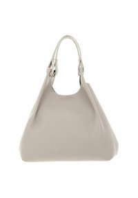 Sac à main en cuir gris avec une texture douce, grande ouverture, et deux poignées robustes, doté d'un fond arrondi et sans quincaillerie visible.