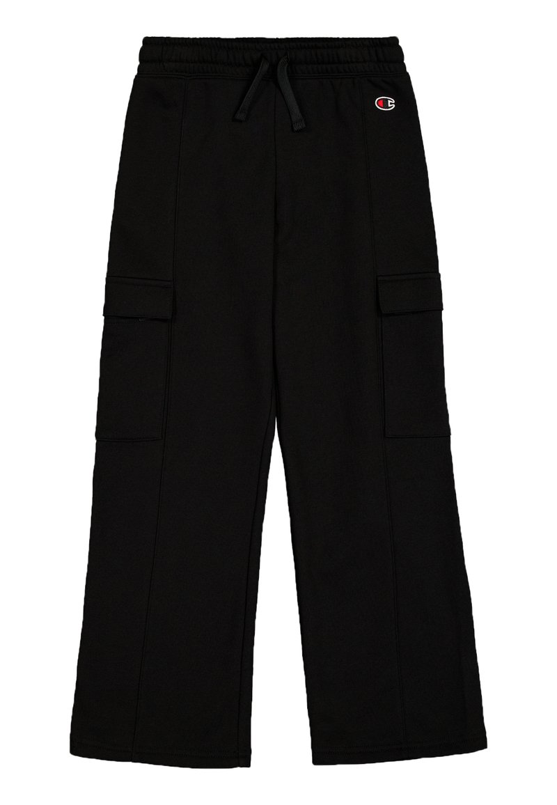 Schwarze Cargo-Hosen mit einem Kordelzug-Bund, seitlichen Taschen und gerippten Bündchen. Gefertigt aus weichem Stoff mit glatter Textur. Verfügt über Logodetails.