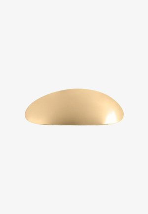 Gladde, glanzende, gebogen metalen gouden voorwerp in de vorm van een halve koepel of een gepolijste schelp op een witte achtergrond.