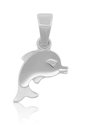 Ciondolo a forma di delfino in argento con superfice lucida, corpo curvo, occhio dettagliato e anello per il fissaggio. Texture liscia e riflettente.