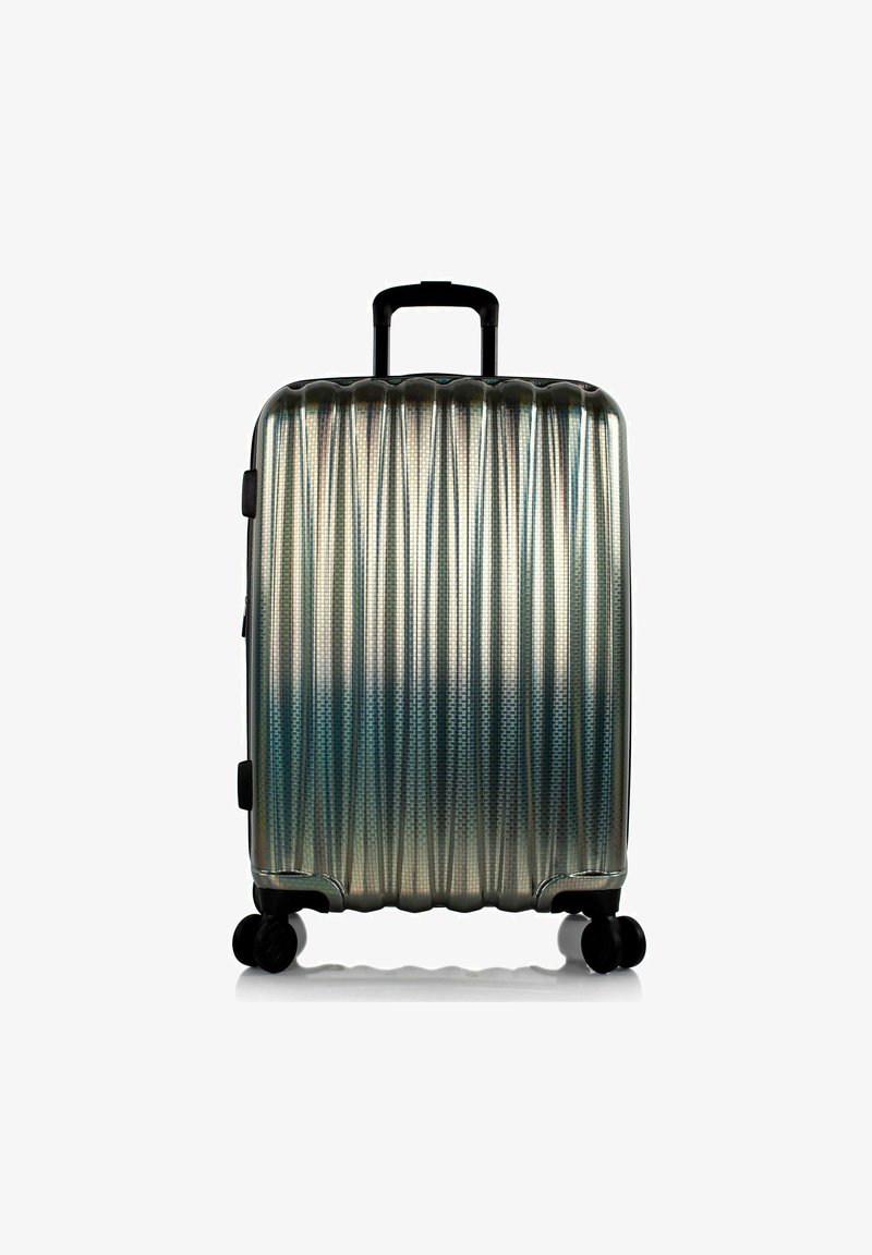 Hartschalenkoffer mit Rillenmuster, metallic blau-grüner Farbe, strukturierte Oberfläche, schwarze Räder und ausziehbarem Griff.
