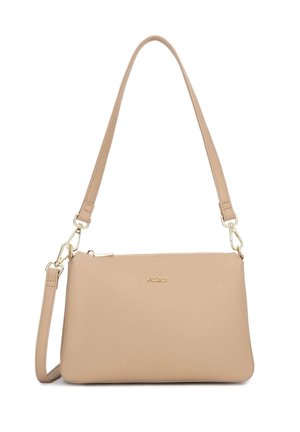 Beige leather handbag with gold zipper, detachable long strap, and short shoulder strap, featuring gold "kazar" logo on front.