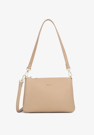 Bézs bőrtáska arany cipzárral, levehető hosszú pánttal és rövid vállpánttal, arany "kazar" logóval az elején.