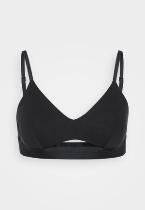 Bralette sans fil noire avec un design de cup triangulaire, en tissu doux, avec des bretelles ajustables et une large bande comportant des détails de logo.