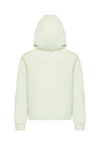 Felpa con cappuccio verde menta, dotata di tasca a marsupio, polsini e orlo a costine. Tessuto morbido e vestibilità rilassata, mostrata da dietro.