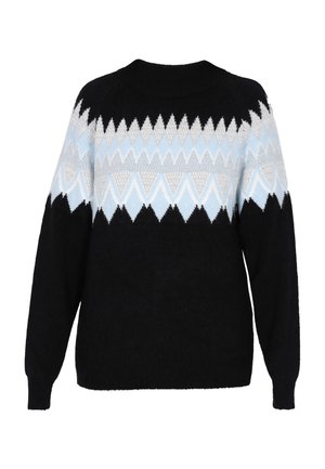 Maglione nero con un motivo geometrico che presenta strisce zigzag nere, bianche e azzurro chiaro. Tessuto lavorato a maglia, scollo rotondo, maniche lunghe.
