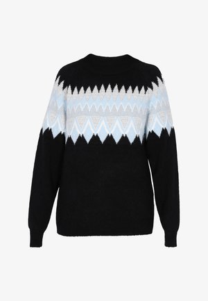 Melnā džemperis ar ģeometrisku rakstu, kas satur melnas, baltas un gaiši zilas zigzag joslas. Adītas tekstūras, apaļa apkakle, garas piedurknes.