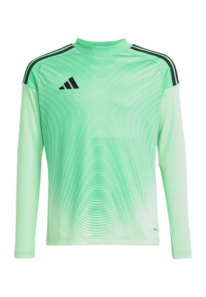 Long-sleeve athletic jersey in mint green with black accents. Features a subtle pattern and crew neckline. Made from lightweight, breathable material.