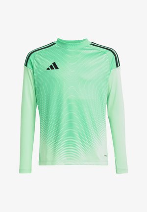 Maglia atletica a maniche lunghe di colore verde menta con dettagli neri. Presenta un motivo sottile e un collo a giro. Realizzata in materiale leggero e traspirante.