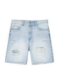 Light blue denim shorts with distressed rips, five-pocket design, and a button closure. Hem is cut and frayed for a casual look.