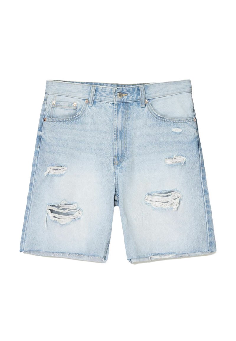 Light blue denim shorts with distressed rips, five-pocket design, and a button closure. Hem is cut and frayed for a casual look.