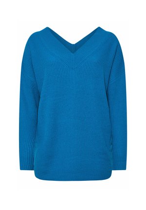 Pull en tricot bleu avec un design en V. Comprend des manches longues, un tissu texturé et une coupe légèrement ample. Pas de motifs ni d'accents visibles.