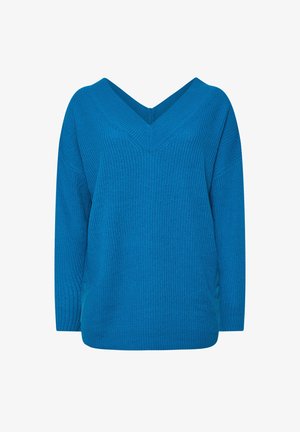 Pull en tricot bleu avec un design en V. Comprend des manches longues, un tissu texturé et une coupe légèrement ample. Pas de motifs ni d'accents visibles.