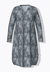 Pitkähihainen mekko, jossa on V-pääntie, valmistettu pehmeästä kankaasta musta-harmaalla leopardikuosisella. Sisältää kontrastisia mustia yksityiskohtia.