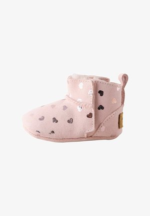 Pink suede boot with a soft inner lining, featuring metallic heart patterns in rose gold, silver, and black. Ankle height with a back tab.