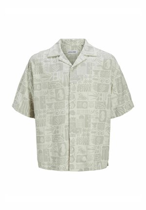 Krátky rukáv, košeľa na gombíky vo svetlej béžovej farbe s jemným celoplošným vzorom rôznych tvarov a botanických motívov. Vyrobená z mäkkej látky.