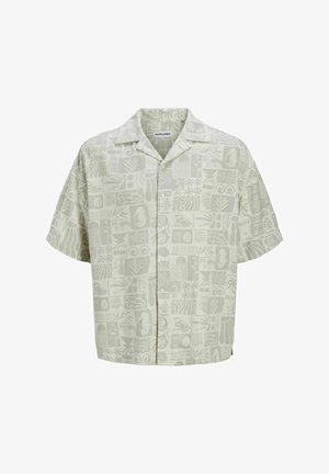 Short-sleeve, button-up shirt in light beige with a subtle all-over pattern of various shapes and botanical designs. Made from soft fabric.