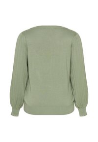 Lysegrøn sweater med lange, ribstrikkede ærmer og en blød tekstur. Bagsiden viser en enkel, rund halsudskæring og en tætsiddende kant.