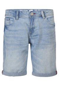 Shorts de mezclilla en tono azul claro con dobladillos enrollados, cierre frontal con botón, presillas para cinturón y bolsillos delanteros y traseros, talla 152.