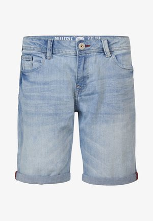 Shorts in denim azzurro chiaro con orli rollati, chiusura frontale a bottoni, passanti per cintura e tasche anteriori e posteriori, taglia 152.