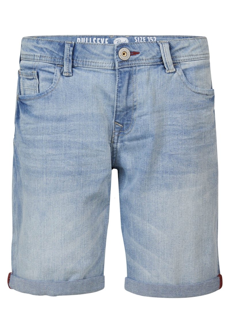 Shorts de mezclilla en tono azul claro con dobladillos enrollados, cierre frontal con botón, presillas para cinturón y bolsillos delanteros y traseros, talla 152.