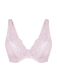 Reggiseno in pizzo viola chiaro con motivo floreale, coppe modellate e spalline regolabili. Tessuto morbido con un dettaglio a fiocco al centro.