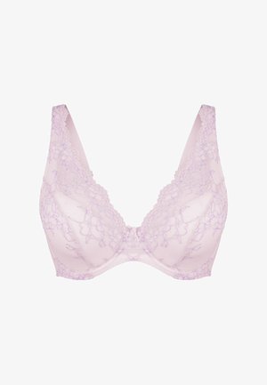Light purple lace bra with a floral pattern, molded cups, and adjustable straps. Smooth fabric texture with a bow detail at the center.