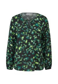 Langärmlige Bluse in Grün und Schwarz mit Muster, Rundhalsausschnitt und Bindedetail. Hergestellt aus leichtem Stoff mit einer lockeren Passform.