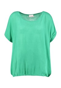 Blusa verde a manica corta con scollatura tonda, orlo arricciato e un tessuto leggero e leggermente texturizzato.