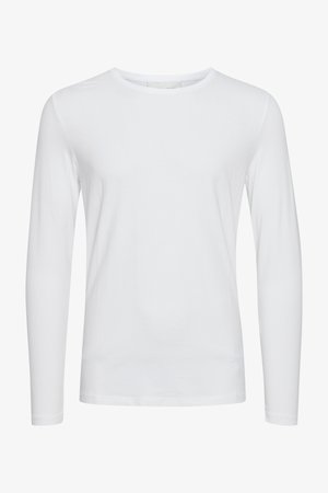 Hosszú ujjú fehér pamut póló, kerek nyakkivágással és sima textúrával. Egyszerű kialakítás, látható minták vagy díszítések nélkül.