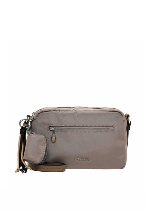 Bolso bandolera rectangular beige con bolsillo delantero con cremallera, pequeño bolso adjunto y correa ajustable con cordones decorativos negros y beige.