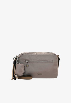 Bolso bandolera rectangular beige con bolsillo delantero con cremallera, pequeño bolso adjunto y correa ajustable con cordones decorativos negros y beige.