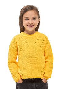 Maglione giallo lavorato a maglia con scollatura rotonda e motivo testurizzato. Presenta maniche lunghe e polsini a costine. Indossato sopra un outfit scuro.