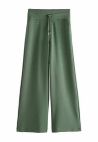 Wide-leg pants in soft green fabric, featuring a drawstring waist and a smooth texture, with a loose fit for comfort.
