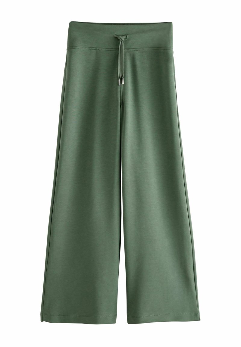 Wide-leg pants in soft green fabric, featuring a drawstring waist and a smooth texture, with a loose fit for comfort.