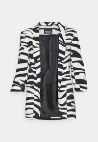 Černobílý blazer se zebřími pruhy, dlouhými rukávy, otevřeným předním dílem a černou podšívkou, označený štítkem "PIECES" na límci.