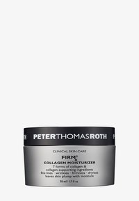 Hidratante de colágeno en un tarro redondo plateado con tapa negra. La etiqueta presenta texto en blanco y negro; el envase contiene 50 ml. Textura suave.